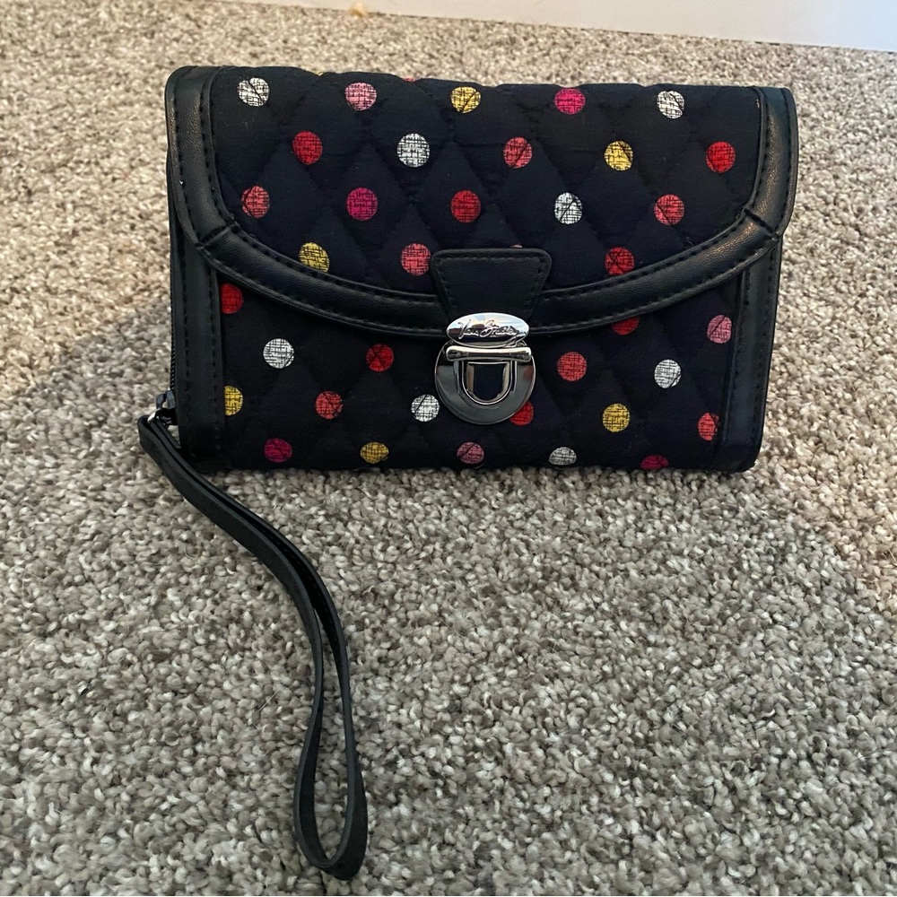 Vera Bradley Quilted Black Wristlet with Colorful Dots